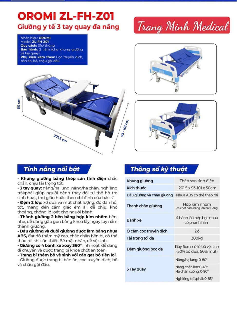 Giường y tế OROMI 3 tay quay ZL-FH-Z01 - Ảnh 2